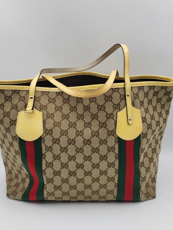 Gucci Handbags - GUCCI GG Canvas Web Sherry Line Patent Leather Jolie Large Tote Bag..Auth W/COA